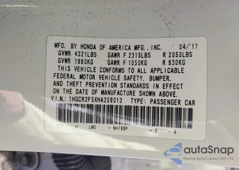 2017 Honda Accord Sport z USA, uszkodzony, nr VIN 1HGCR2F5XHA209013